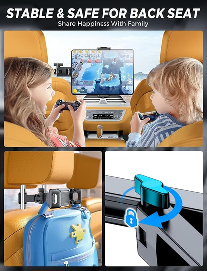 eSamcore for iPad Holder for Car Backseat, Triangular Retractable Arm Headrest Tablet Holder Deeper Clamp Tablet Car Mount Back Seat Kids Car Accessories for 4.7"-11" iPad Pro, Air, Mini, Galaxy Tab