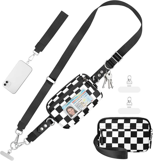 Clip and Go Strap for Phone with Wallet Crossbody Phone Lanyard and Detachable Checkered Bag with ID Window and RFID Pouch for Daily Travel.