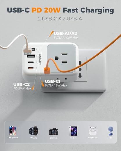 TESSAN Italy Travel Plug Adapter 2 Pack, PD 20W Italy Power Adapter with 4 AC Outlets 4 USB Ports (2 USB C), Type L Adaptor for US to Italian Chile Rome Milan Libya Uruguay