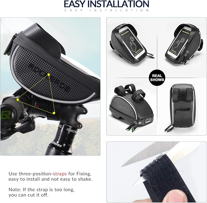ROCKBROS Bike Phone Mount Bag Bike Front Frame Handlebar Bag Waterproof Bike Phone Holder Case Bicycle Accessories Pouch Sensitive Touch Screen Compatible with iPhone Below 6.5"