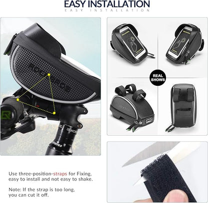 ROCKBROS Bike Phone Mount Bag Bike Front Frame Handlebar Bag Waterproof Bike Phone Holder Case Bicycle Accessories Pouch Sensitive Touch Screen Compatible with iPhone Below 6.5"