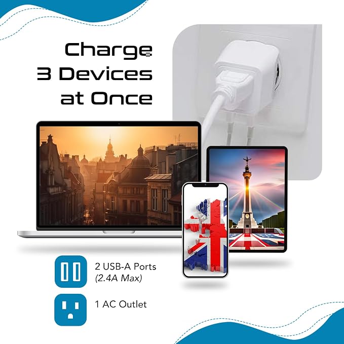 Ceptics Type G Travel Adapter - Canada to UK, Ireland & UAE Grounded Plug Adapter with Dual USB Ports for Electronic Devices (CTU-7) | UK Plug Adapter for Travel, UK Adapters for Travel from USA & Canada, Grounded Charger Adapter for Phones & Electronics