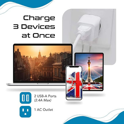 Ceptics Type G Travel Adapter - Canada to UK, Ireland & UAE Grounded Plug Adapter with Dual USB Ports for Electronic Devices (CTU-7) | UK Plug Adapter for Travel, UK Adapters for Travel from USA & Canada, Grounded Charger Adapter for Phones & Electronics