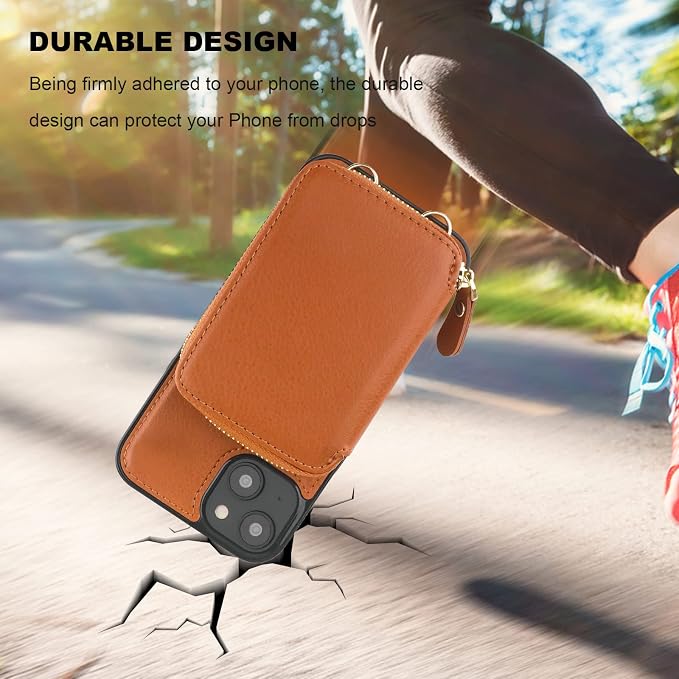 Bocasal RFID Blocking Wallet Case for iPhone 14 Plus, Adjustable Crossbody Zipper Purse Case Card Holder with Kickstand Detachable Wrist Strap, PU Leather Flip Folio Case 6.7 Inch 5G (Brown)
