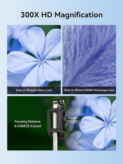 MIAO LAB 300X Phone Microscope Lens, Phone Camera Micro Lens with Universal Clip/LED Light/CPL, Mini Pocket Microscope Attachment Fit for iPhone 16/15/14/13, and Most Smartphone