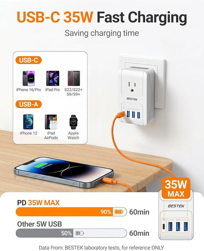 BESTEK Universal Travel Adapter, International Power Adapter with 1 Outlets 4 USB Charging Ports (1 USB C PD 35W), Plugs for EU, UK, US, China, AU, Japan - for Laptop, Phone, Camera