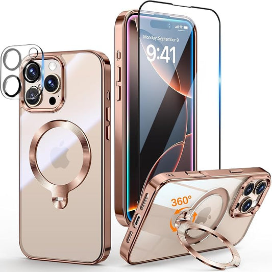 [Tri-Shield Protection] for iPhone 16 Pro Max Case with 360° Spin Stand Compatible with MagSafe [Magnetic CD Ring][Screen & Camera Lens Protector]Shockproof Plating Never-Yellowing, Desert Gold -6.9"