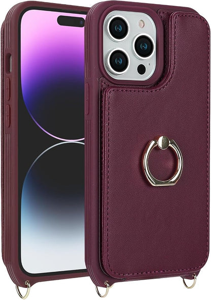 Lipvina for iPhone 14 Pro Max Case with Card Holder for Women,Phone Case with Strap,Crossbody Lanyard,RFID Blocking,Ring Stand,Snap Clasp,Cute Wallet Cases 6.7 inch (Wine Red)