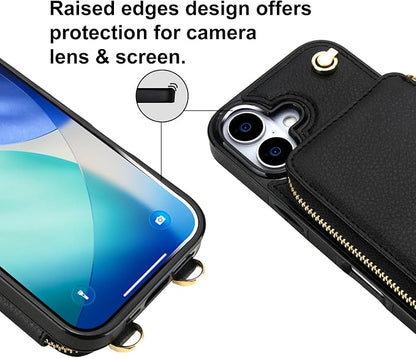 Bocasal for MagSafe Crossbody Wallet Case Compatible with iPhone 17, RFID Blocking Protective Purse Case with Card Slots Holder Kickstand Wrist Strap Lanyard Zipper 6.3 Inch 5G (Black)