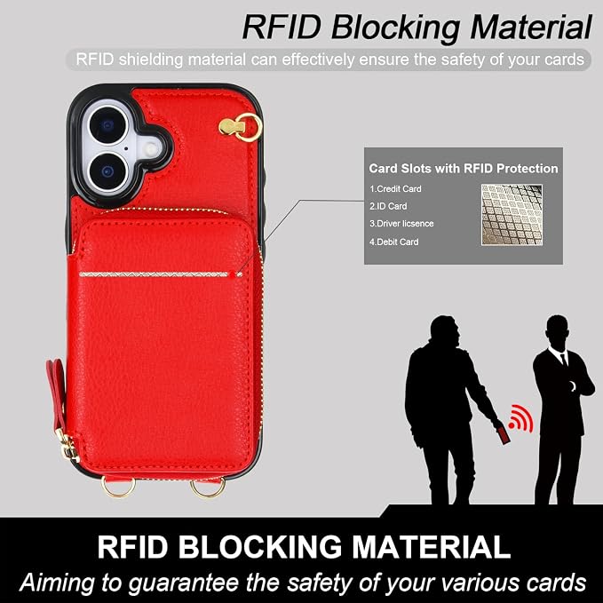 Bocasal Crossbody Wallet Case for iPhone 17, RFID Blocking Leather Purse Case with Card Holder, Protective Handbag Flip Cover with Zipper Wrist Strap Lanyard for Women 5G 6.3 Inch (Red)