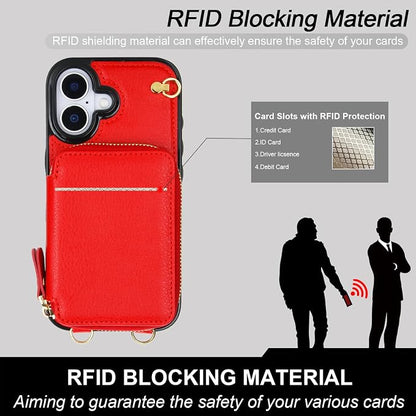 Bocasal Crossbody Wallet Case for iPhone 17, RFID Blocking Leather Purse Case with Card Holder, Protective Handbag Flip Cover with Zipper Wrist Strap Lanyard for Women 5G 6.3 Inch (Red)