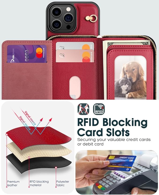 OCASE Compatible with iPhone 16 Pro Max Crossbody Wallet Case with Card Holder, PU Leather Zipper Handbag Phone Purse with RFID Blocking Kickstand Wrist Strap Lanyard 6.9 Inch, Dark Red