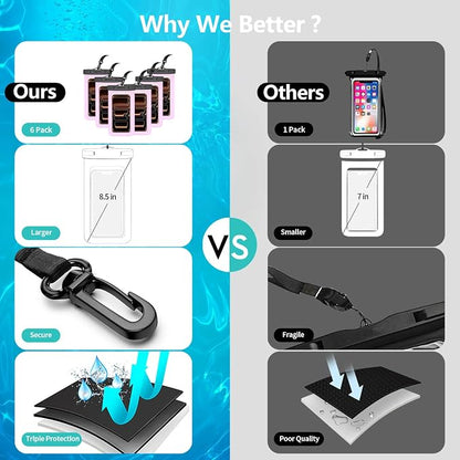 6 Pack 8.5“ Waterproof Cell Phone Pouch - Underwater Dry Bag Case Lanyard - Water Proof Clear Holder Protector for iPhone 17 16 15 Pro Max Plus Samsung Galaxy S25 S24 Ultra Note for Beach Swimming