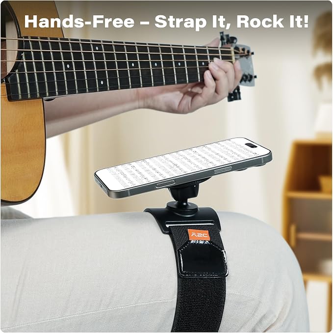 A2C Magnetic Guitar Phone Holder Mount with Adjustable Elastic Strap | 360° Rotatable Ball Head | Guitar Accessory Gift | Compatible with MagSafe – Metal Ring Included for All Smartphones