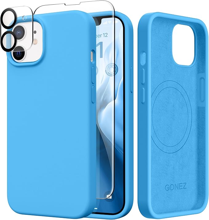 GONEZ Magnetic for iPhone 12 Case / 12 Pro Case, Compatible with MagSafe, [Screen Protector + Camera Lens Protector], Silicone Shockproof Anti-Scratch Protective Phone Case 6.1 inch, Wave Blue