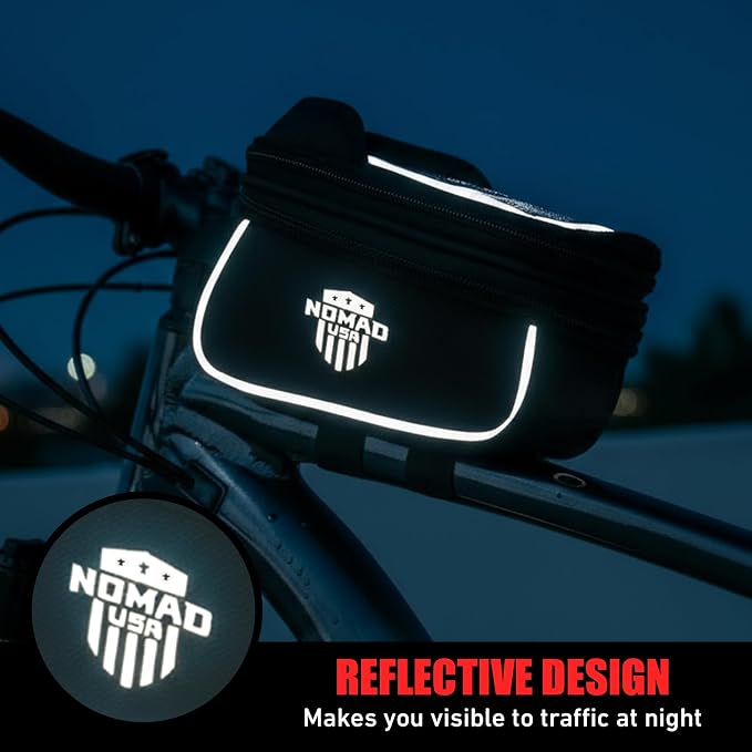 Nomad USA Bicycle Bag, Expandable Bike Tool Pouch Front Frame/Handlebar Bag, Touch Screen Waterproof Cycling Phone Fits All iPhones, Galaxy S25, Pixel Pro, Reflective Top Tube Bag for Bike Accessories