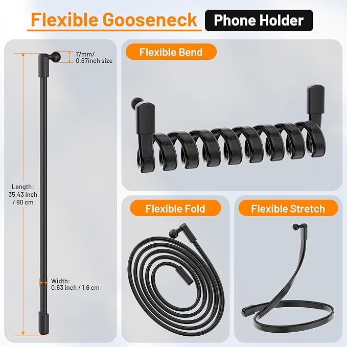 Flexible Phone Holder for Treadmill |Stroller |Wheel |Chair Pole |Stick |Rod |Tube |Shelf | Railing |Cart,35.4" / 90 cm Gooseneck Arm Mount,Compatible with 3.5~7.5" iPhone/LG/Galaxy Smartphone