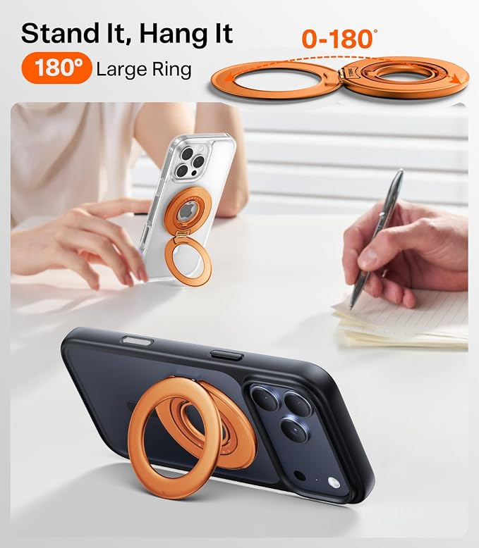 TORRAS 2025 Flagship Magnetic Phone Grip Ring Holder Kickstand [2-Sided Magnetic] [360 Rotation] Fit for MagSafe Accessories for iPhone 17 16 15 14 13 12 11 Samsung, Google, Orange