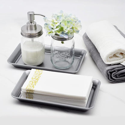 Vintage Farmhouse Decor Metal Vanity Tray (1 Pack),Countertop Guest Hand Towel Storage Organizer Tray Dispenser, Sturdy Holder for Perfume, Cosmetics, Jewelry, Makeup Bathroom Organizer (Silver)