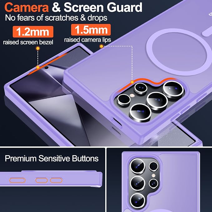 MOZOTER for Samsung Galaxy S24 Ultra Case,[Compatible with MagSafe] Purple | [12Ft Military Dropproof][2*Screen Protector]Translucent Anti-Slip Back Slim Shockproof Case for S24 Ultra-Purple