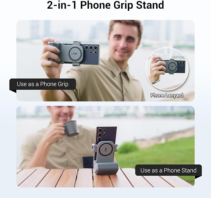 KIWIFOTOS Travel Phone Camera Grip Smartphones Camera Handle with Remote Control & Cold Shoe Mount for iPhone 17 16 Pro Max Samsung S24 S25 Selfie Vlog Video Shooting(Tripod NOT Included)