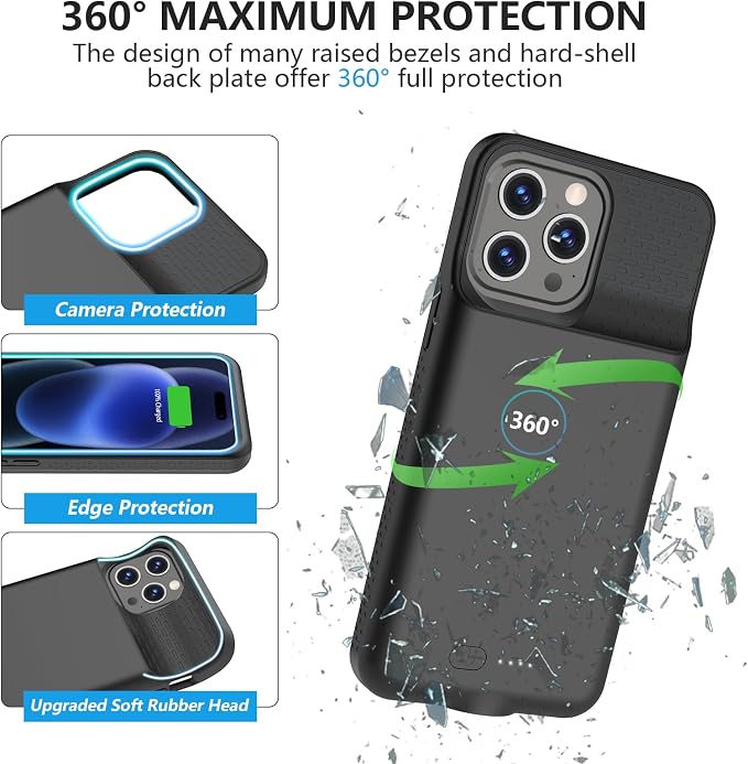 BOPPS Battery Case for iPhone 15 Pro Max /15 Plus【Support Carplay 】，Ultra Powerful 8000mAh Portable Rechargeable Protective Extended Charger Cover for iPhone 15 Plus,15 Pro Max Charging Case,Black