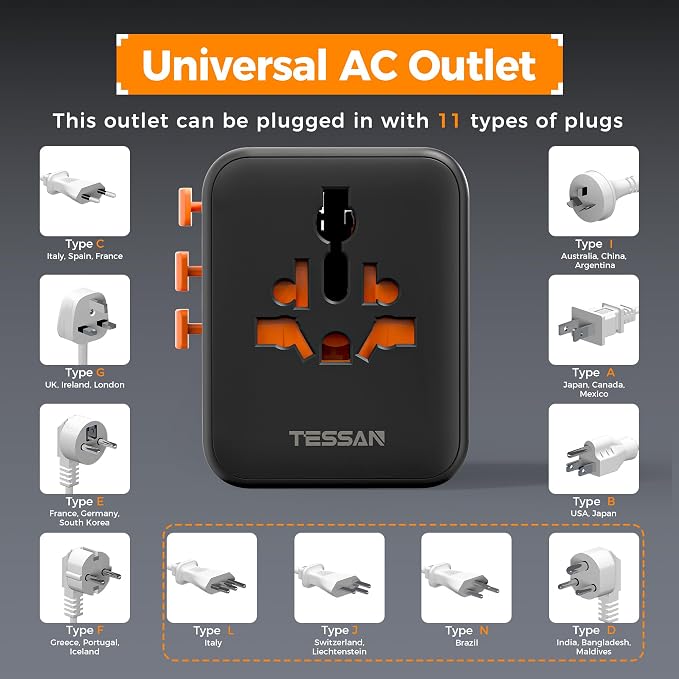 TESSAN Universal Travel Adapter, International Power Adapter | 4 USB Ports (2 USB C), US to Europe UK France Germany Spain Ireland Australia Japan, Type C G A I