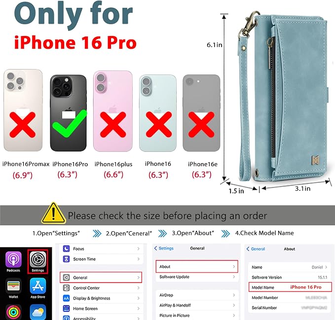 Wallet Case for iPhone 16 Pro with Card Holder/Crossbody Wallet/Strap| RFID Blocking | Magnetic | Kickstand | Detachable | PU Leather Phone Case for iPhone 16 Pro,6.3 in,Blue