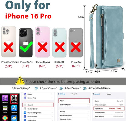 Wallet Case for iPhone 16 Pro with Card Holder/Crossbody Wallet/Strap| RFID Blocking | Magnetic | Kickstand | Detachable | PU Leather Phone Case for iPhone 16 Pro,6.3 in,Blue