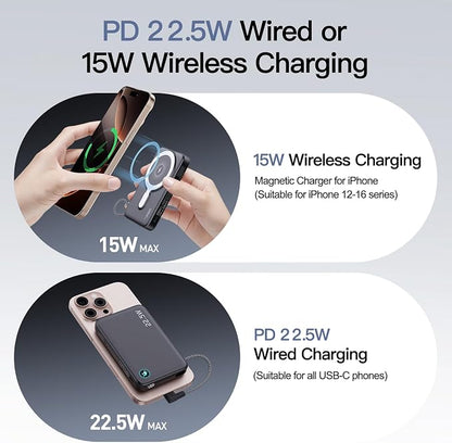 2026 Updated M3 Ultra Slim 0.4'' Wireless Power Bank, 10000mAh Magnetic Portable Charger with Built in Cable and Strap, LED Battery Pack Travel Essentials for iPhone 17/16/15/14/13/12/Pro Max Andriod