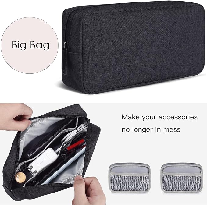 CAAORDKSO Electronics Accessories Case, Electronic Organizer Travel Cable Accessories Bag, Portable Waterproof Storage Bag for Hard Drive,Power Bank,Chargers,Mouse,Various Accessories(Small+Big-Black)