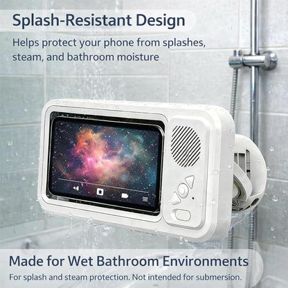 Waterproof Shower Phone Holder with Built-in Bluetooth Speaker, Wall Mount Touch Screen Phone Case for Bathroom, Anti-Fog Window, Fits Smartphones up to 7”, Hands-Free Video & Music (White)