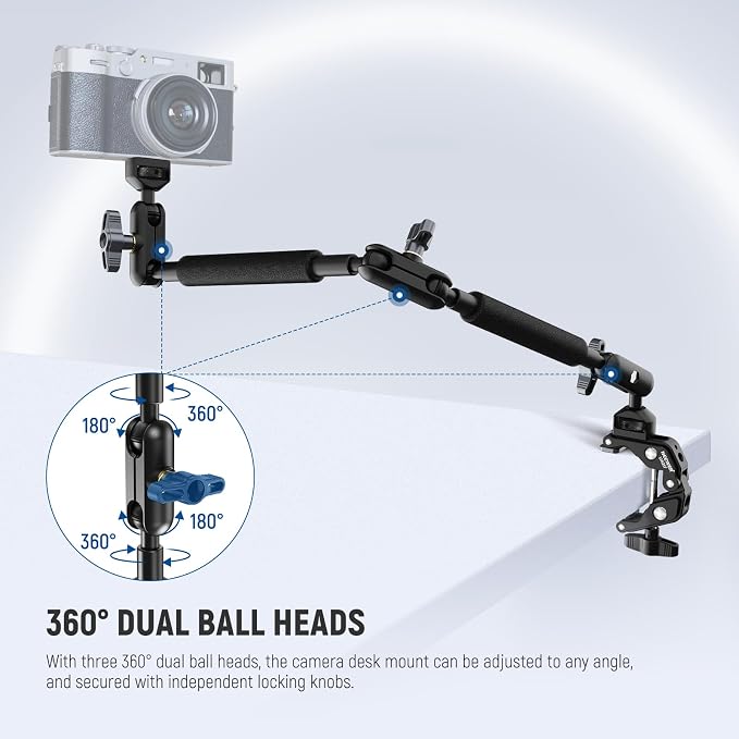 NEEWER Magic Arm Camera Mount, Overhead Desk Phone Mic Stand Holder, 22" Articulating Boom Arm C Clamp 1/4" 3/8" Threads for ARRI for Microphone Webcam Action Camera Video Light, Cleaning Cloth, UA057