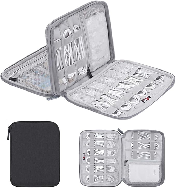 Electronics Organizer, Jelly Comb Electronic Accessories Case Portable Double Layer Cable Storage Bag for Cell Phone, Data Line, Power Bank, USB Flash Drive and More (Black, Double Layer/Small)