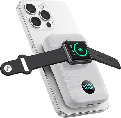 Magnetic Portable Charger with Apple-Watch Charger,10800mAh 25W PD Fast Charging Wireless Power Bank,4 Outputs Travel Essential Battery Pack for iPhone 17/17 Pro Max/16/15/14/13/12 All Series (White)