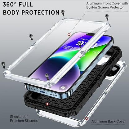 Beasyjoy for iPhone 14 Case Waterproof, Metal Heavy Duty Full Body Protective Case with Built-in Screen Protector, Military Grade Shockproof Dustproof Defender Rugged Cover 6.1 Inch, Silver