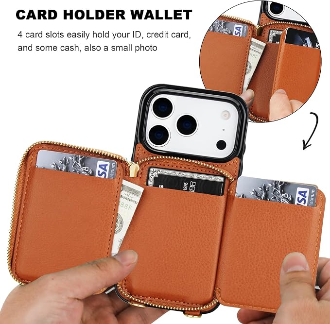 Bocasal Crossbody Wallet Case for iPhone 17 Pro, RFID Blocking PU Leather Zipper Handbag Purse Flip Cover, Kickstand Folio Case with Card Slots Holder Wrist Strap Lanyard 5G 6.3 Inch (Brown)