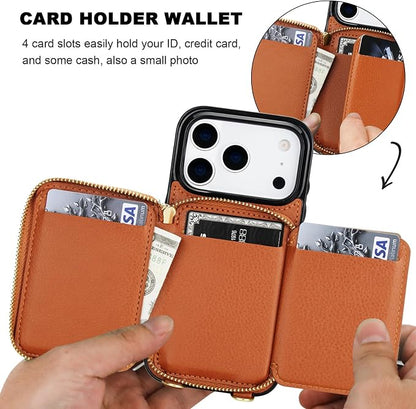 Bocasal Crossbody Wallet Case for iPhone 17 Pro, RFID Blocking PU Leather Zipper Handbag Purse Flip Cover, Kickstand Folio Case with Card Slots Holder Wrist Strap Lanyard 5G 6.3 Inch (Brown)