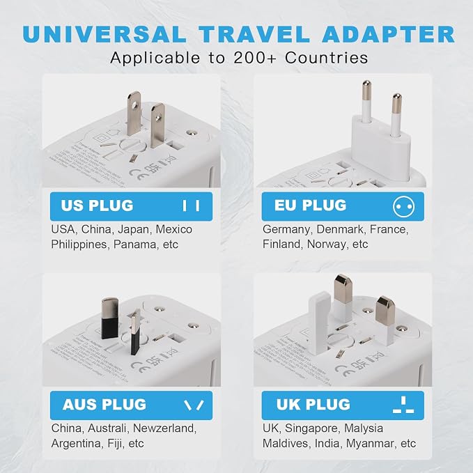 HAPOW Universal Travel Adapter, PD20W International Power Adapter, 2 USB-C & 2 USB-A Fast Charging Travel Charger, All in One Worldwide Travel Plug Adapter, Outlet Adapter for EU UK USA AU, White