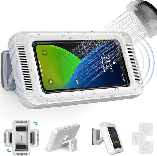 Waterproof Shower Phone Holder with 480° Rotation | Enhanced Sound Quality | Adjustable Arm Stand | Fits up to 7" Screens(White)