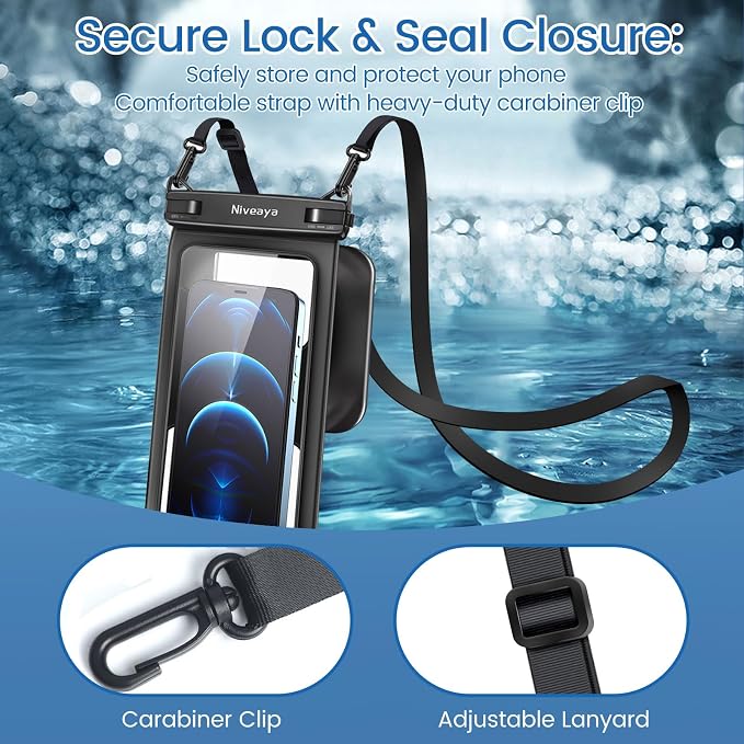 Niveaya [Floatable Floating Waterproof Phone Pouch 2 Pack-Up to 8.5", Large Space Adjustable Neck Lanyard Waterproof Phone Case, Phone Dry Bags for Vacation Beach Pool Kayak Cruise Travel Essentials