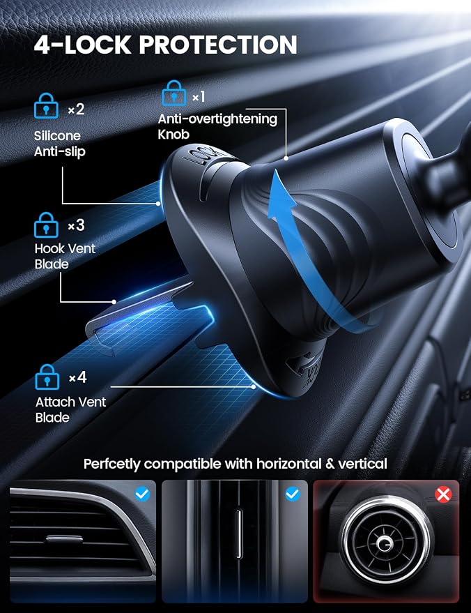 Lamicall Phone Mount for Car [3-in-1 Military-Grade Suction Cup] 360° Rotation Phone Holders for Your Car [Metal Hook] Cell Phone Car Mount Dashboard Vent Windshield All Smartphone LeatherGrain