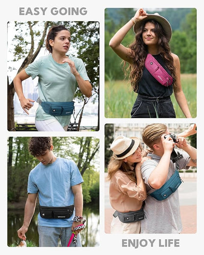 WATERFLY Small Crossbody Fanny Pack: 5 Pocket Slim Lightweight Waist Belt Hip Bag for Women Men Water Resistant Chest Pouch for Travel Hiking Running Walking Fit All Phones - Pink