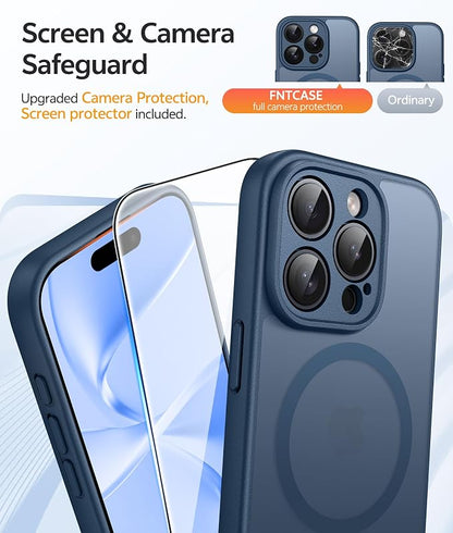 FNTCASE for iPhone 15 Pro Max Case: [Compatible with Magsafe] Translucent Matte Cases with [Full Camera Protection] [Screen Protector] Military Grade Shockproof Protective Phone Cover - Blue