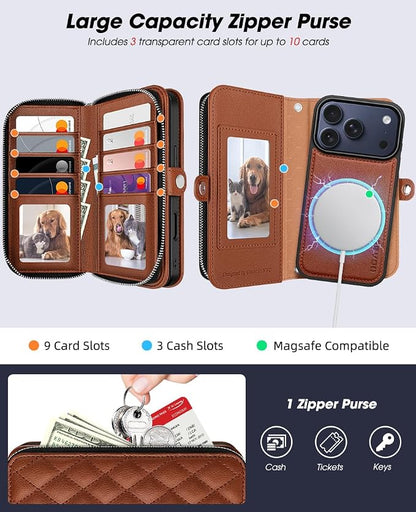 OCASE for iPhone 17 Pro Max Crossbody Detachable Wallet Case, PU Leather Handbag Phone Purse with Zipper Closure, Card Slots & RFID Blocking, Wrist Strap, Lanyard, Kickstand, Diamond Check Brown