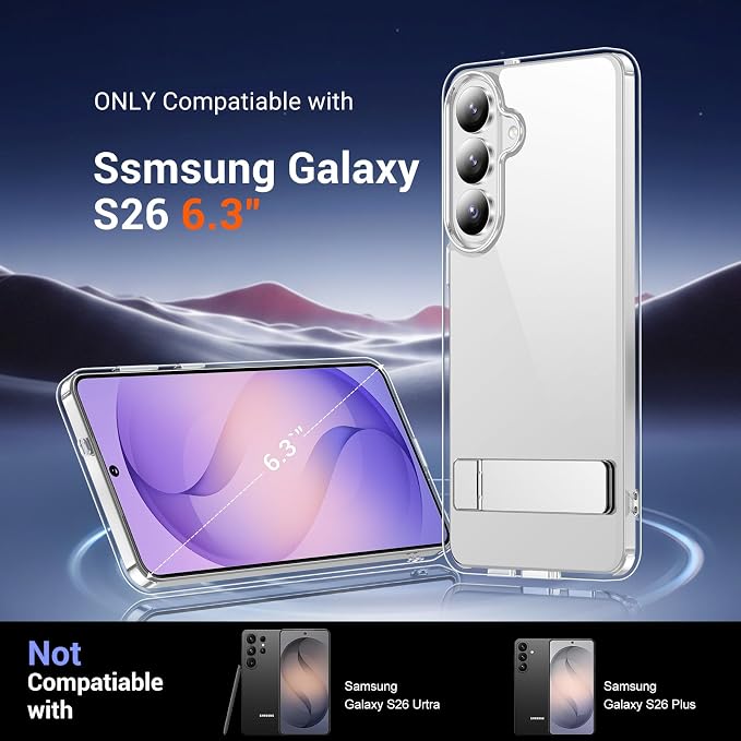 Temdan Designed for Samsung Galaxy S26 Case Clear, Built-in Invisible Kickstand [Military Grade Drop Protection] Anti-Yellowing Slim Fit Shockproof Cover for Galaxy S26 5G 6.3 Inch - Crystal Clear
