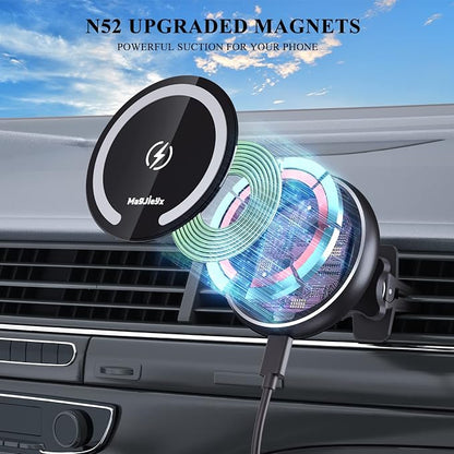 Fits Car Mount Wireless Charger, Gooseneck Long Arm Suction Cup, Fast Charging Strong Magnets Car Phone Holder,Dash/Vent/Windshield for iPhone 15/14/13/12,Pro Max,Plus,Mini,MagSafe Case
