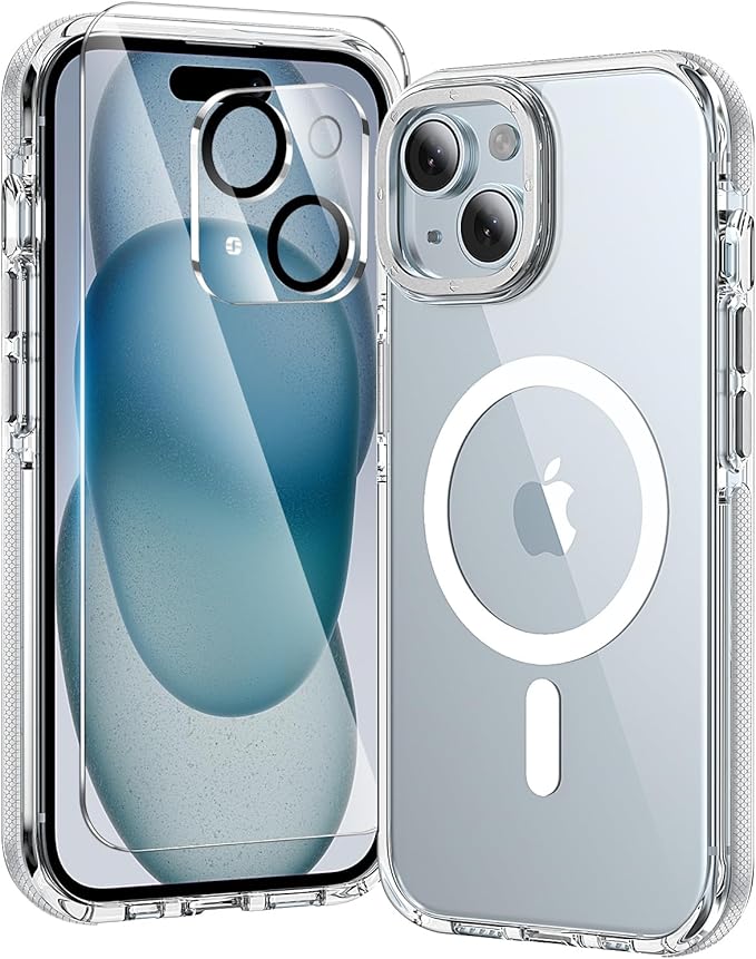 3 in 1 for iPhone 15 Case Clear with MagSafe, Yellowing-Resistant Acrylic Back, Shockproof Guard Corners, Military-Grade Protection for iPhone 15 Phone Case 6.1 inch Clear Bumper