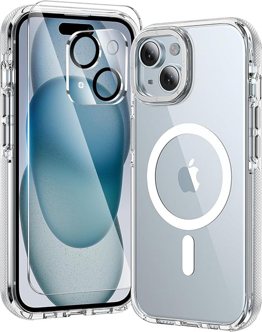 3 in 1 for iPhone 15 Case Clear with MagSafe, Yellowing-Resistant Acrylic Back, Shockproof Guard Corners, Military-Grade Protection for iPhone 15 Phone Case 6.1 inch Clear Bumper