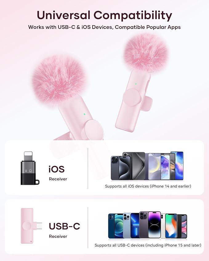 Wireless Microphone for iPhone iPad and Android Phone, 2 Pack Wireless Lavalier Lapel Mic with Noise Reduction, Plug and Play Mini Microphone for Video Recording Interview YouTube TikTok Vlog (Pink)